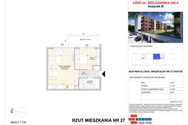 Rzut - Mieszkanie na sprzedaż 2 pokoje o powierzchni 49,37 m² - numer B.27 w Wólczańska 248 - etap II