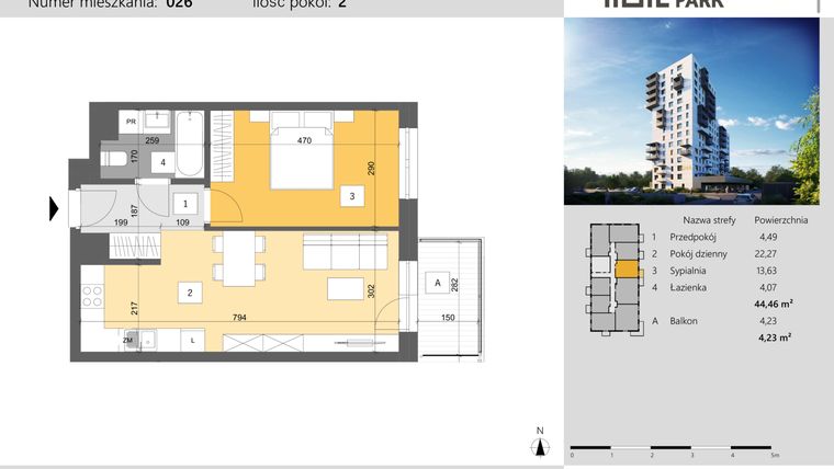 Rzut - Mieszkanie na sprzedaż 2 pokoje o powierzchni 44,46 m² - numer 26 w Dworzysko Park - Etap III