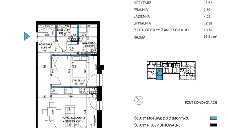 Rzut - Mieszkanie na sprzedaż 2 pokoje o powierzchni 52,17 m² - numer 12 w Comfort Corner