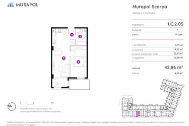 Rzut - Mieszkanie na sprzedaż 2 pokoje o powierzchni 42,86 m² - numer 1.C.2.05 w Murapol Scarpa