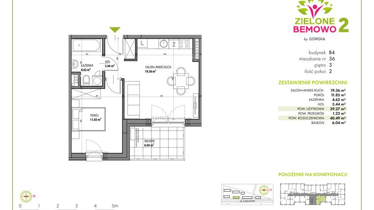 Rzut - Mieszkanie na sprzedaż 2 pokoje o powierzchni 40,49 m² - numer B4-36 w Zielone Bemowo - etap II