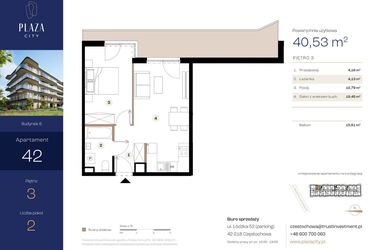 Rzut - Mieszkanie na sprzedaż 2 pokoje o powierzchni 40,53 m² - numer B6M42 w Plaza City