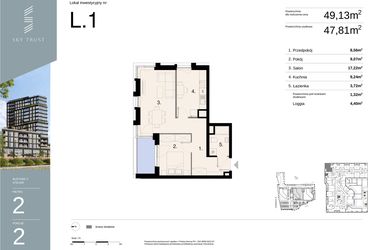 Rzut - Mieszkanie na sprzedaż 2 pokoje o powierzchni 49,13 m² - numer L1 w Sky Trust etap II - Apartamenty inwestycyjne