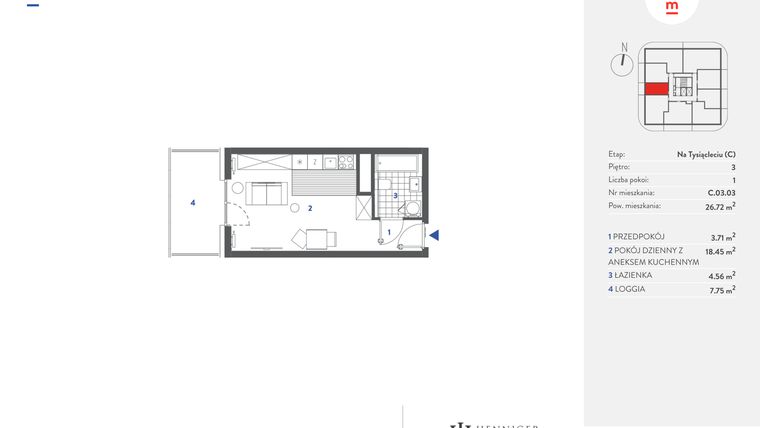 Rzut - Mieszkanie na sprzedaż 1 pokój o powierzchni 26,73 m² - numer C.03.03 w Mieszkaj w mieście - Na Tysiącleciu budynek C