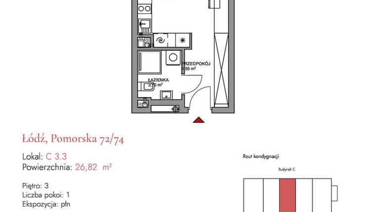 Rzut - Mieszkanie na sprzedaż 1 pokój o powierzchni 26,82 m² - numer C 3.3 w Melody Loft