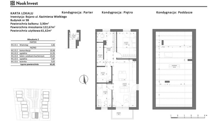 Rzut - Mieszkanie na sprzedaż 3 pokoje o powierzchni 61,62 m² - numer 9B w Bojano, ul. Kazimierza Wielkiego