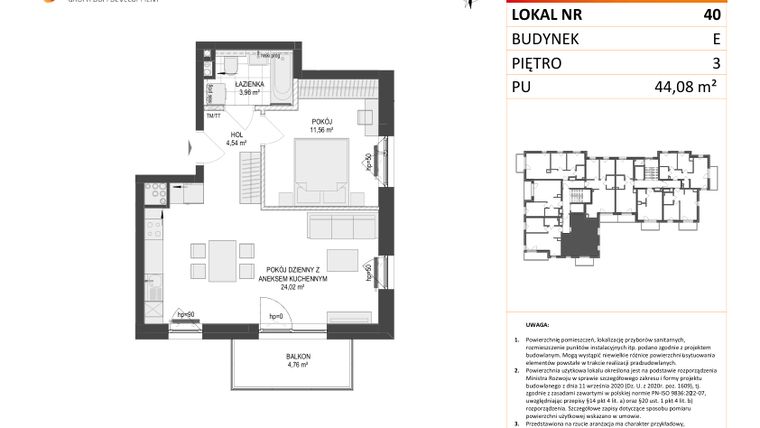 Rzut - Mieszkanie na sprzedaż 2 pokoje o powierzchni 44,08 m² - numer E.40 w Osiedle Warszawska