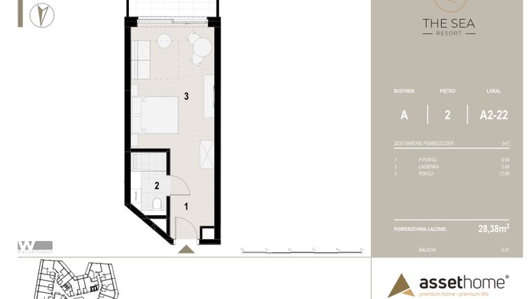 Rzut - Mieszkanie na sprzedaż 1 pokój o powierzchni 28,38 m² - numer A2-22 w The Sea Resort Międzyzdroje