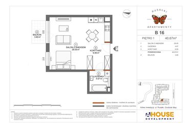 Rzut - Mieszkanie na sprzedaż 1 pokój o powierzchni 40,67 m² - numer B16 w Apartamenty Rusałki