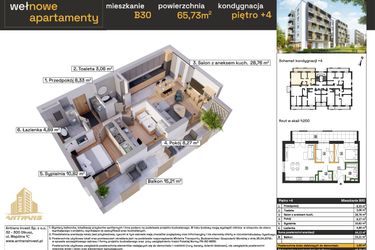 Rzut - Mieszkanie na sprzedaż 3 pokoje o powierzchni 64,13 m² - numer B30 w Osiedle Wełnowe Apartamenty