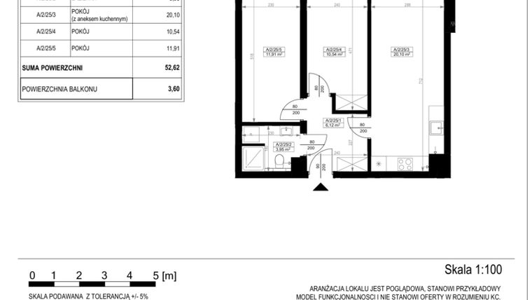 Rzut - Mieszkanie na sprzedaż 3 pokoje o powierzchni 52,62 m² - numer A-2-25 w Zamieszkaj na Rudawskiej 5