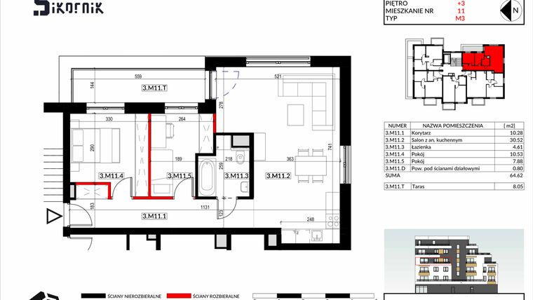 Rzut - Mieszkanie na sprzedaż 3 pokoje o powierzchni 64,62 m² - numer 2.M11 w Apartamenty Sikornik - etap II