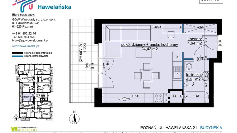 Rzut - Mieszkanie na sprzedaż 1 pokój o powierzchni 33,47 m² - numer A/3/27 w Osiedle Hawelańska etap III - bud. A