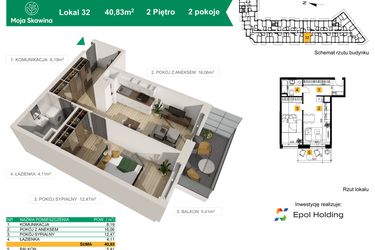 Rzut - Mieszkanie na sprzedaż 2 pokoje o powierzchni 40,83 m² - numer M32 w Moja Skawina