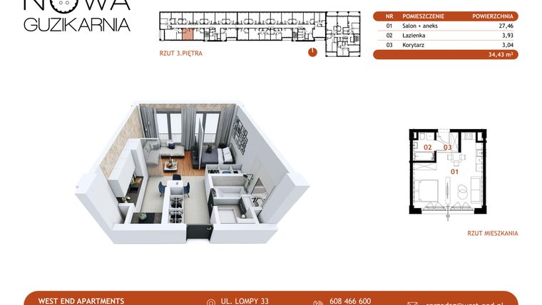 Rzut - Mieszkanie na sprzedaż 1 pokój o powierzchni 34,43 m² - numer B2.3.24 w Nowa Guzikarnia