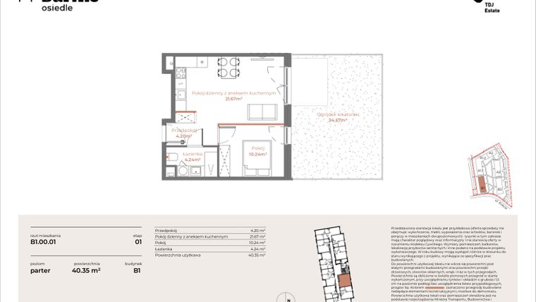 Rzut - Mieszkanie na sprzedaż 2 pokoje o powierzchni 40,35 m² - numer B1-00.01 w Sarnie Osiedle