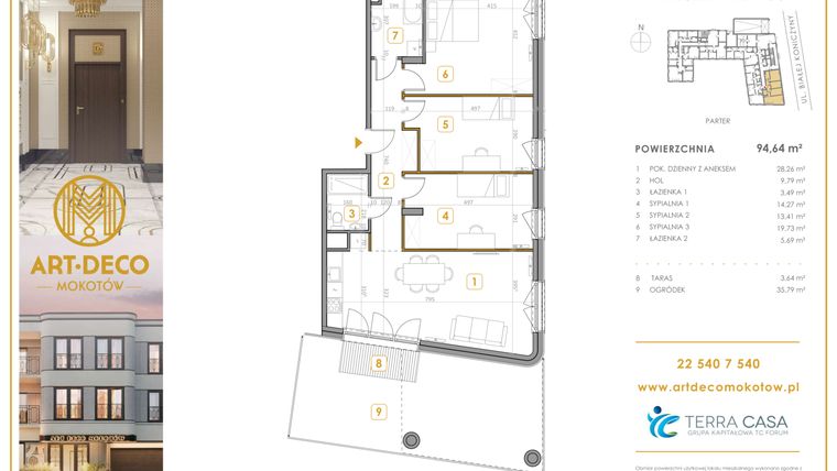 Rzut - Mieszkanie na sprzedaż 4 pokoje o powierzchni 94,64 m² - numer M03 w Art Deco Mokotów Pola