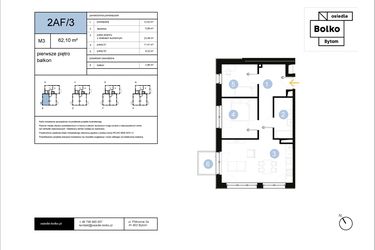 Rzut - Mieszkanie na sprzedaż 3 pokoje o powierzchni 62,1 m² - numer 2AF/3 w Osiedle Bolko etap II