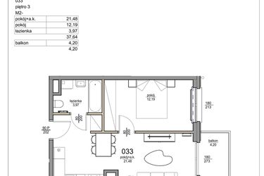 Rzut - Mieszkanie na sprzedaż 2 pokoje o powierzchni 37,64 m² - numer 33 w Rezydencja Liwska 3
