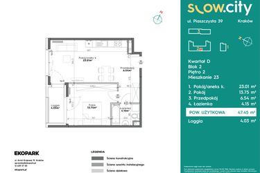 Rzut - Mieszkanie na sprzedaż 2 pokoje o powierzchni 47,45 m² - numer D2-23 w Slow City etap D
