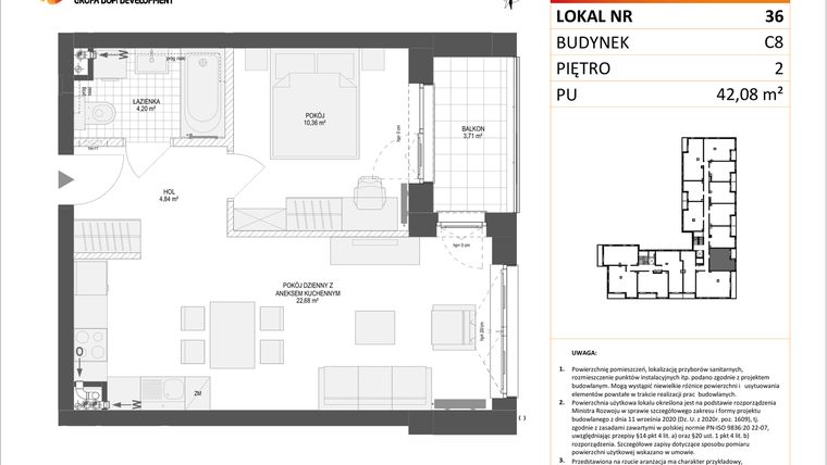 Rzut - Mieszkanie na sprzedaż 2 pokoje o powierzchni 42,08 m² - numer C8.36 w Konstelacja etap IV