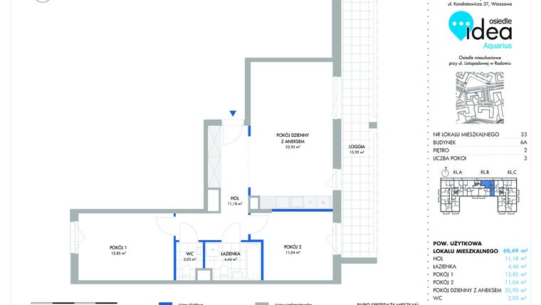 Rzut - Mieszkanie na sprzedaż 2 pokoje o powierzchni 33,99 m² - numer 6A/3 w Osiedle Idea Aquarius