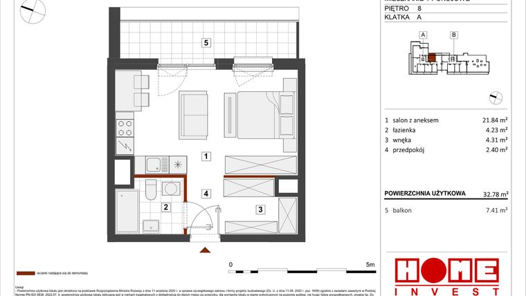 Rzut - Mieszkanie na sprzedaż 1 pokój o powierzchni 32,78 m² - numer B1-A061 w Warszawski Świt etap VIII