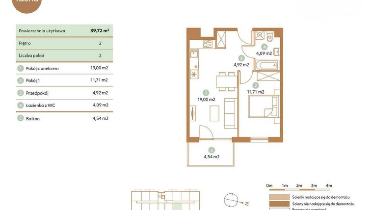 Rzut - Mieszkanie na sprzedaż 2 pokoje o powierzchni 39,72 m² - numer D37-2 w Fauna