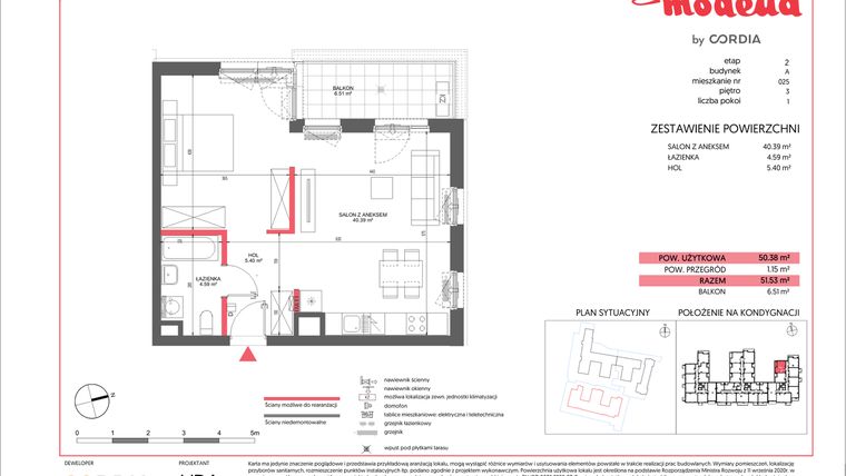 Rzut - Mieszkanie na sprzedaż 1 pokój o powierzchni 50,38 m² - numer A.025 w Modena II