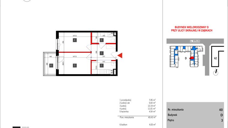 Rzut - Mieszkanie na sprzedaż 2 pokoje o powierzchni 40,43 m² - numer D.40 w Skrajna 9 bud. D