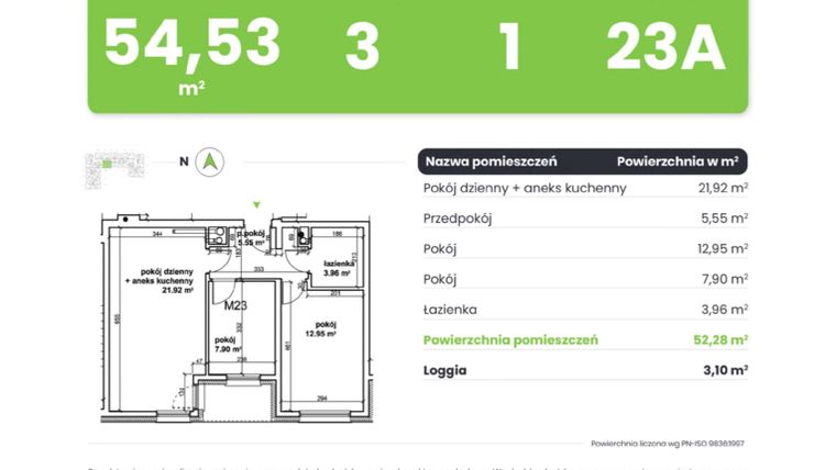 Rzut - Mieszkanie na sprzedaż 3 pokoje o powierzchni 54,53 m² - numer B.23A w Belzacka City Park