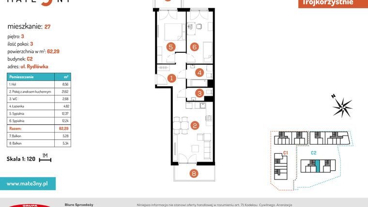 Rzut - Mieszkanie na sprzedaż 3 pokoje o powierzchni 62,29 m² - numer C2.M-27 w Mate3ny