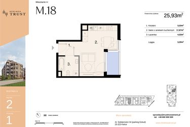 Rzut - Mieszkanie na sprzedaż 1 pokój o powierzchni 25,93 m² - numer B - M.18 w Dzielnica Trust