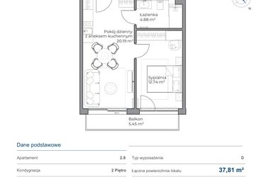 Rzut - Mieszkanie na sprzedaż 2 pokoje o powierzchni 37,59 m² - numer B.2.8 w Anchoria Holiday