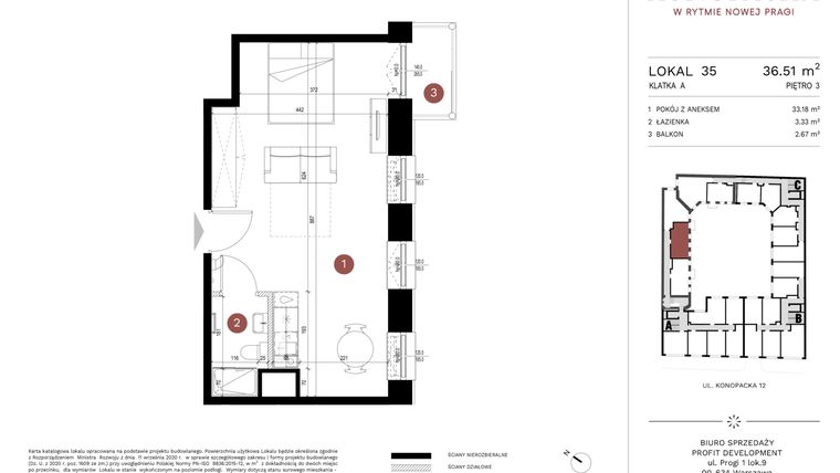Rzut - Mieszkanie na sprzedaż 1 pokój o powierzchni 35,82 m² - numer A-KL-A.35 w Konopacka