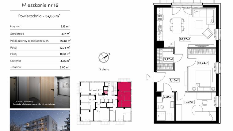 Rzut - Mieszkanie na sprzedaż 3 pokoje o powierzchni 57,63 m² - numer M16 w Novum Rumia - bud. 15