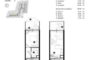 Rzut - Mieszkanie na sprzedaż 2 pokoje o powierzchni 38,8 m² - numer A.0.5 w Cisha Apartamenty Dziwnów