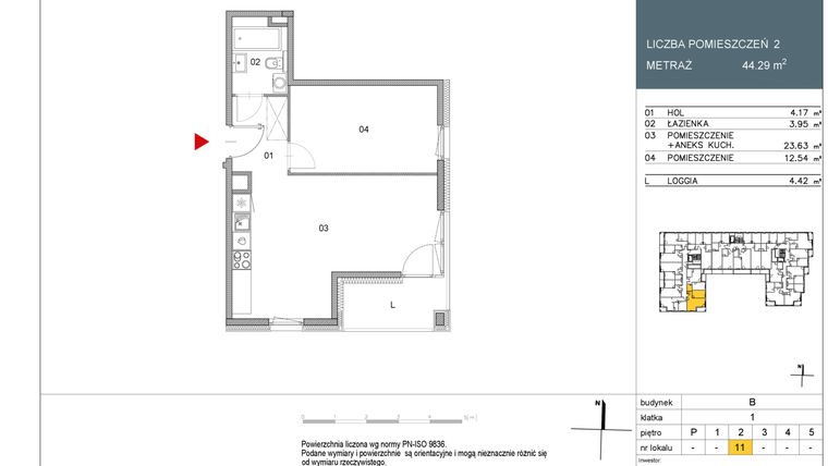 Rzut - Mieszkanie na sprzedaż 2 pokoje o powierzchni 44,29 m² - numer 11 w Morwowa 3 - Apartamenty Inwestycyjne
