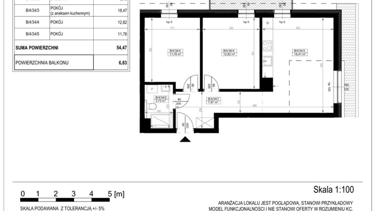 Rzut - Mieszkanie na sprzedaż 3 pokoje o powierzchni 54,47 m² - numer B-4-34 w Zamieszkaj na Rudawskiej 5