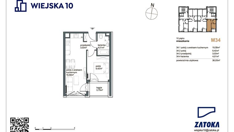 Rzut - Mieszkanie na sprzedaż 2 pokoje o powierzchni 36,05 m² - numer M34 w Wiejska 10