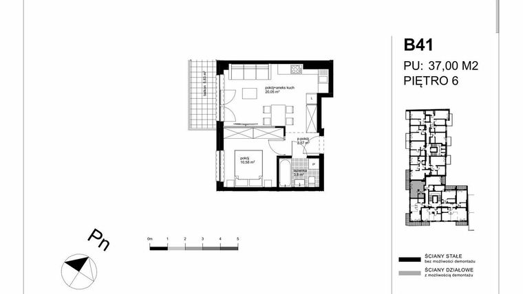 Rzut - Mieszkanie na sprzedaż 2 pokoje o powierzchni 37 m² - numer B41 w Apartamenty Kopernika - etap II