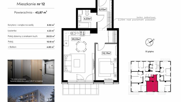 Rzut - Mieszkanie na sprzedaż 2 pokoje o powierzchni 43,87 m² - numer M12 w Novum Rumia - bud. 15