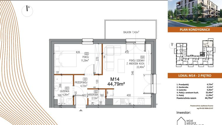 Rzut - Mieszkanie na sprzedaż 2 pokoje o powierzchni 44,79 m² - numer M14 w Villa Terra