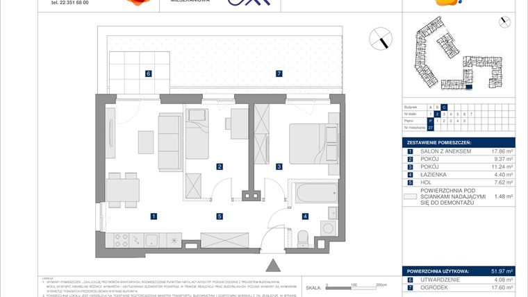 Rzut - Mieszkanie na sprzedaż 3 pokoje o powierzchni 51,97 m² - numer C.27 w Osiedle Ceramiczna