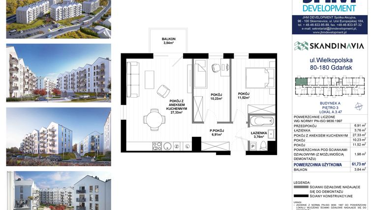 Rzut - Mieszkanie na sprzedaż 3 pokoje o powierzchni 61,73 m² - numer A.3.47 w Skandinavia
