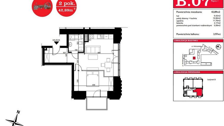 Rzut - Mieszkanie na sprzedaż 2 pokoje o powierzchni 42,89 m² - numer B.7 w ART MODERN etap III - Modern Loft