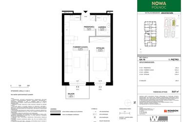 Rzut - Mieszkanie na sprzedaż 2 pokoje o powierzchni 39,97 m² - numer 6A-19 w Nowa Północ etap 2A