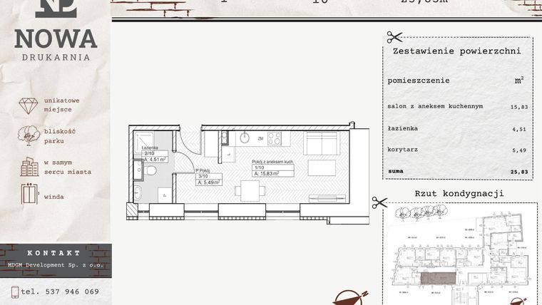 Rzut - Mieszkanie na sprzedaż 1 pokój o powierzchni 25,83 m² - numer M10 w Nowa Drukarnia