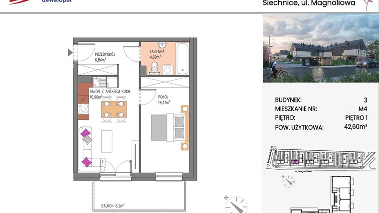 Rzut - Mieszkanie na sprzedaż 2 pokoje o powierzchni 42,6 m² - numer Bud.3-4 w Willa Magnolia