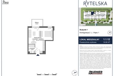 Rzut - Mieszkanie na sprzedaż 1 pokój o powierzchni 33,8 m² - numer 1.1.12 w Rytelska
